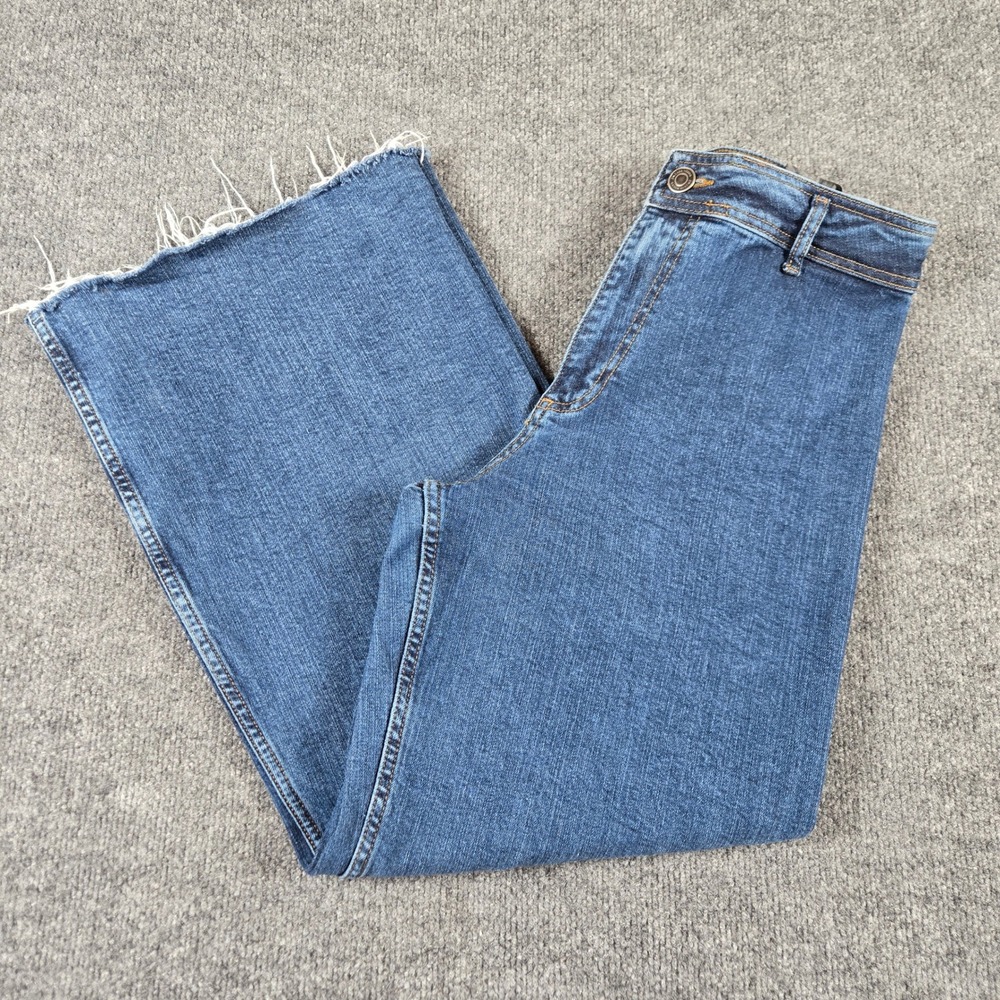 Zara Wide Leg Jeans Womens 40 Blue flare 2k hobo  Raw Hem High Rise Denim
